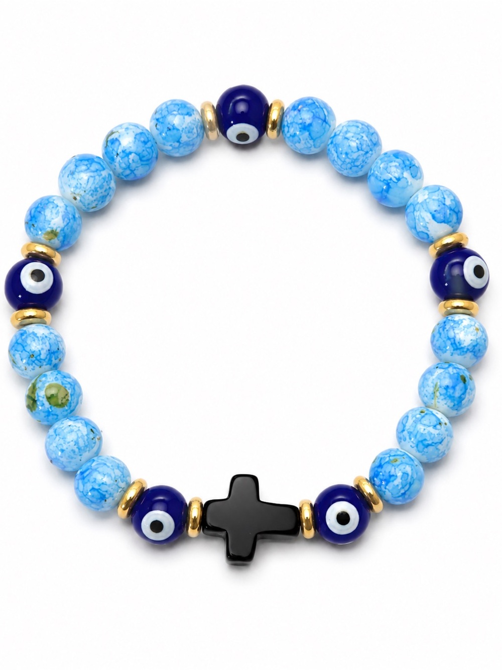 🧿 Blue Beaded Evil Eye Bracelet with Black Cross